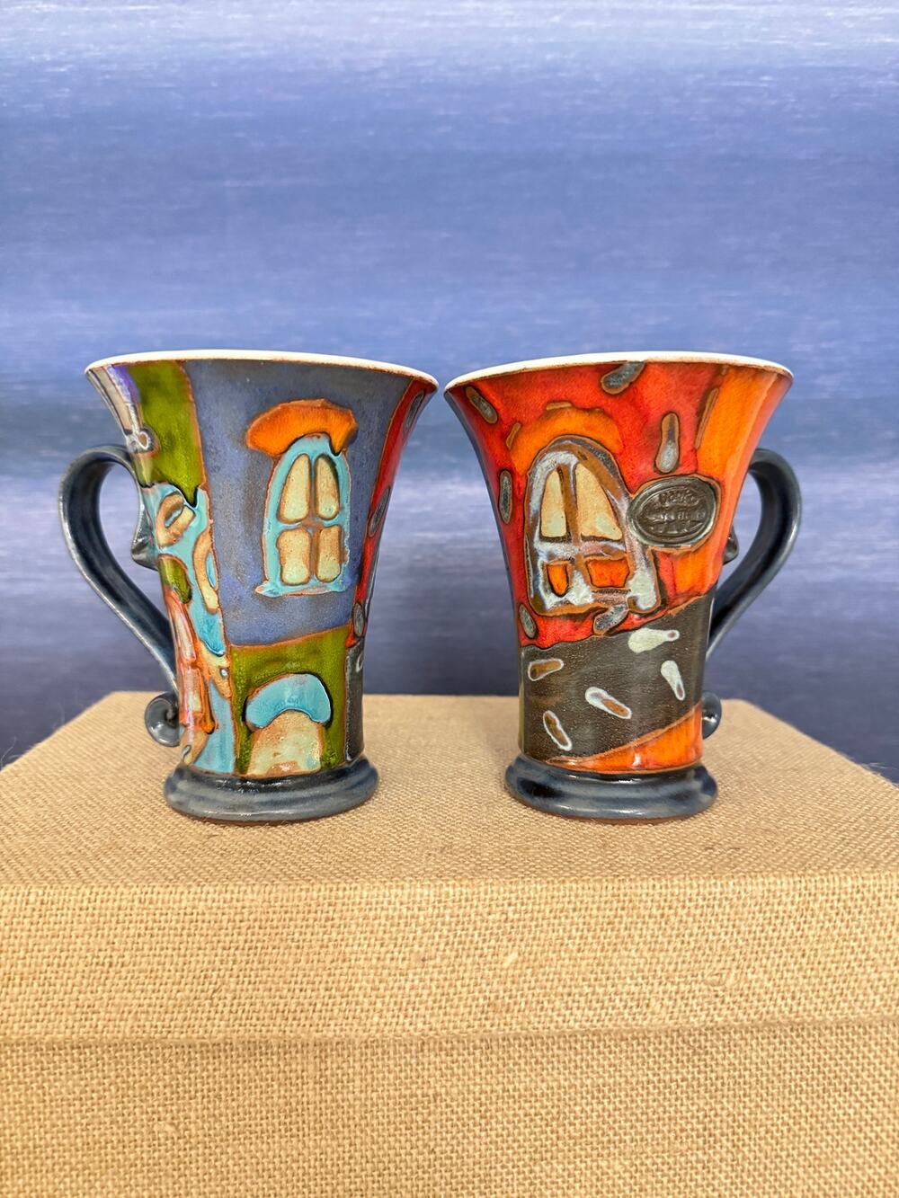 Set of 2 Danko Handmade Pottery Mugs Old Buildings Windows Bulgarian Art Ceramic